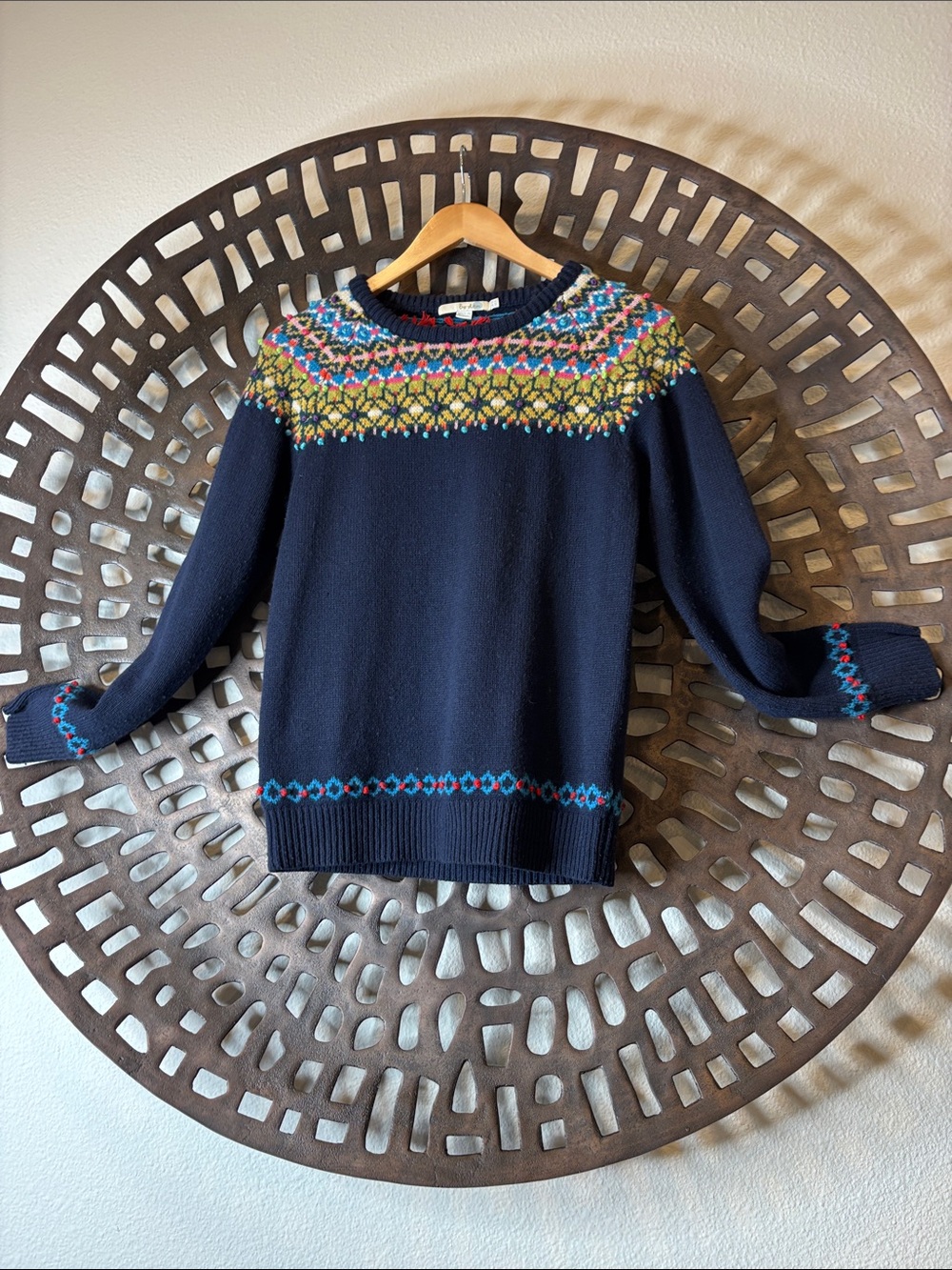 💙 Boden Fair Isle Sweater Navy Wool Blend Bright Yoke Women’s 6 Nordic Preppy